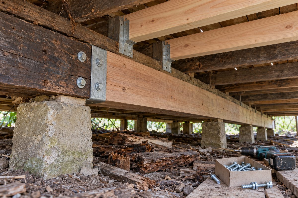 Under the floor of an old West Gippsland house, a new length of pale hardwood bearer fitted on top of the stumps beside the original dark aged timber, joined with galvanised bolts and a steel strap, two new floor joists among the old ones fixed with galvanised joist hangers, and offcuts of rotted timber stacked on the soil