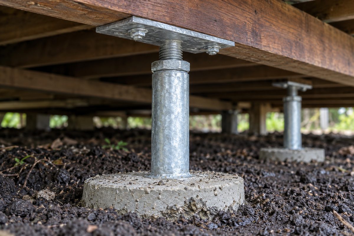 Close detail of an adjustable galvanised steel house stump under a timber floor, a round galvanised post rising from a concrete pad footing set in dark damp soil, with a threaded adjustable head and a steel top plate bolted to the underside of a hardwood bearer with two coach screws