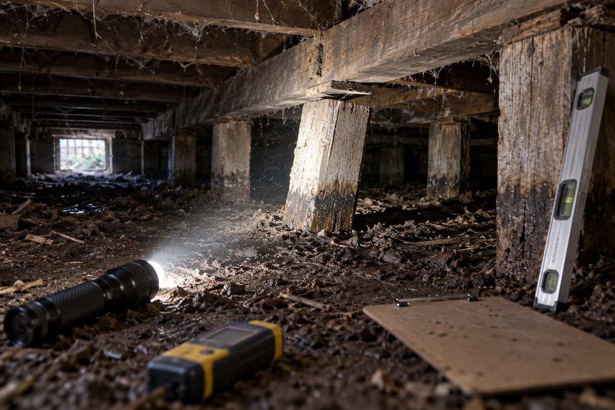A subfloor inspection set-up under an older home in Warragul, a torch beam along a row of old timber stumps picking out one that leans and a bearer with a gap above its stump, a moisture meter and a long spirit level on the damp soil, cobwebs and a small access hatch glowing in the distance