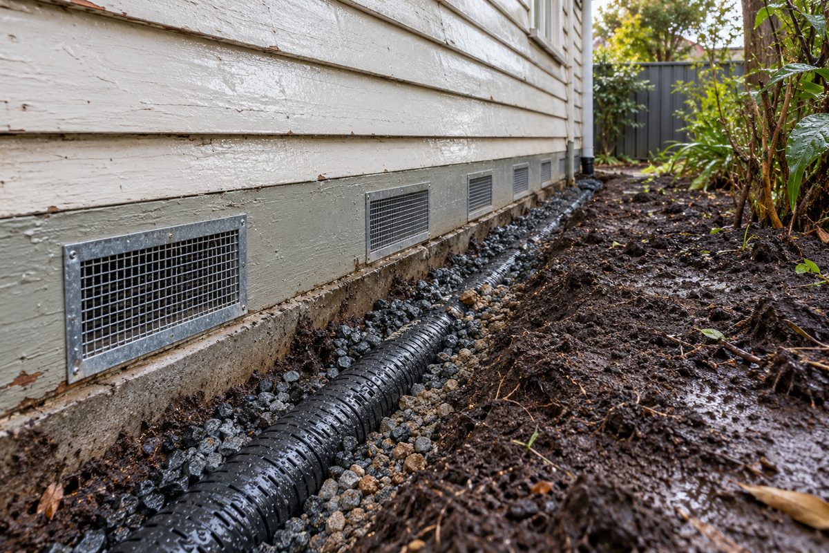 The base of a weatherboard house in Trafalgar after rain, new galvanised steel mesh subfloor vents set into the painted baseboards, and a shallow trench along the wall holding a slotted agricultural drain on crushed rock, partly backfilled with gravel and falling away toward the back of the yard, the soil dark and wet