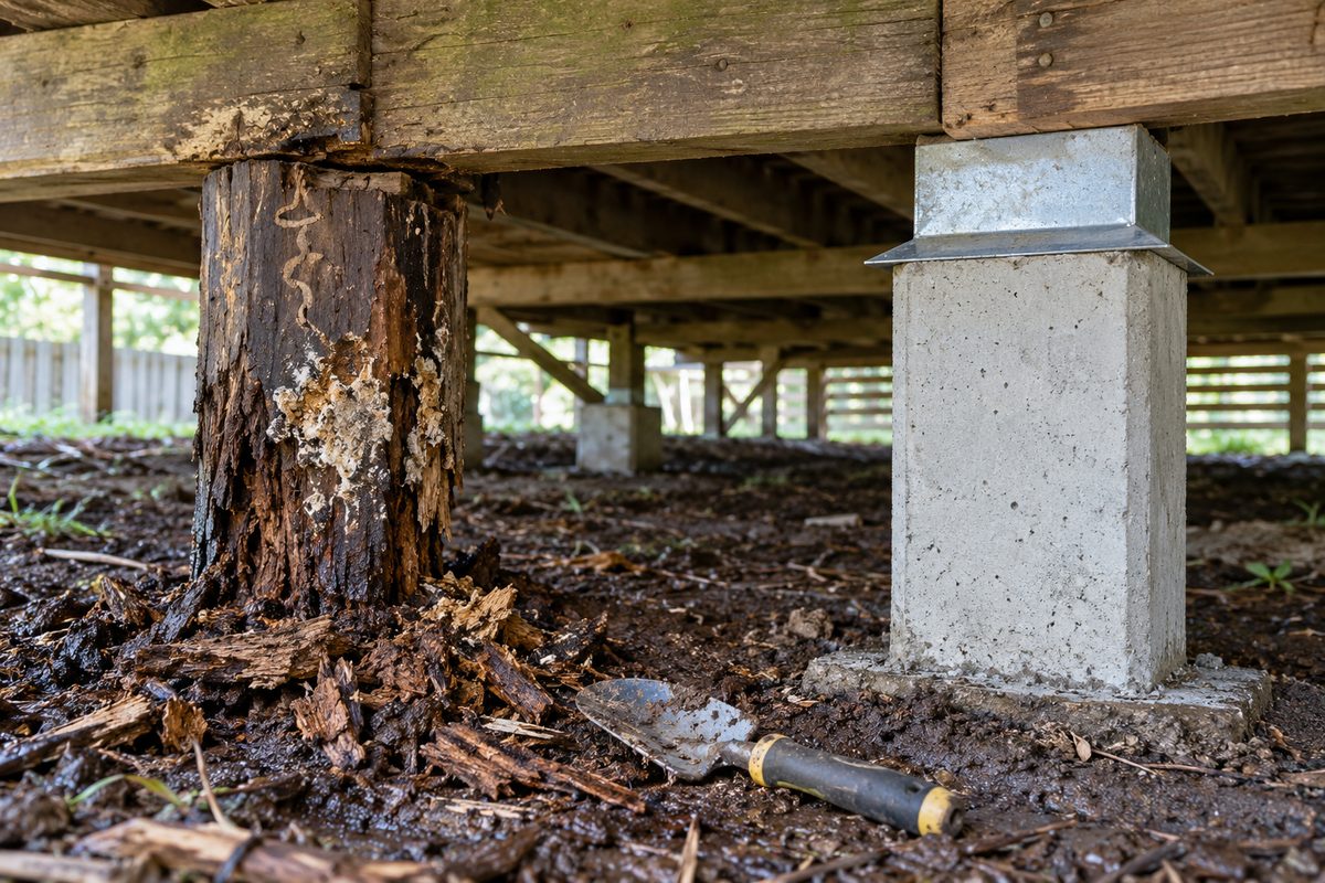 Old and new side by side under a weatherboard house in Warragul, an original messmate stump waterlogged and rotted to a hollow at ground level with fungal growth and termite galleries, beside a new square concrete stump with an ant cap already carrying the same bearer